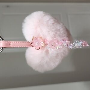 Pink Heart Fluffy Pom Pom with Floral Charms Keychain